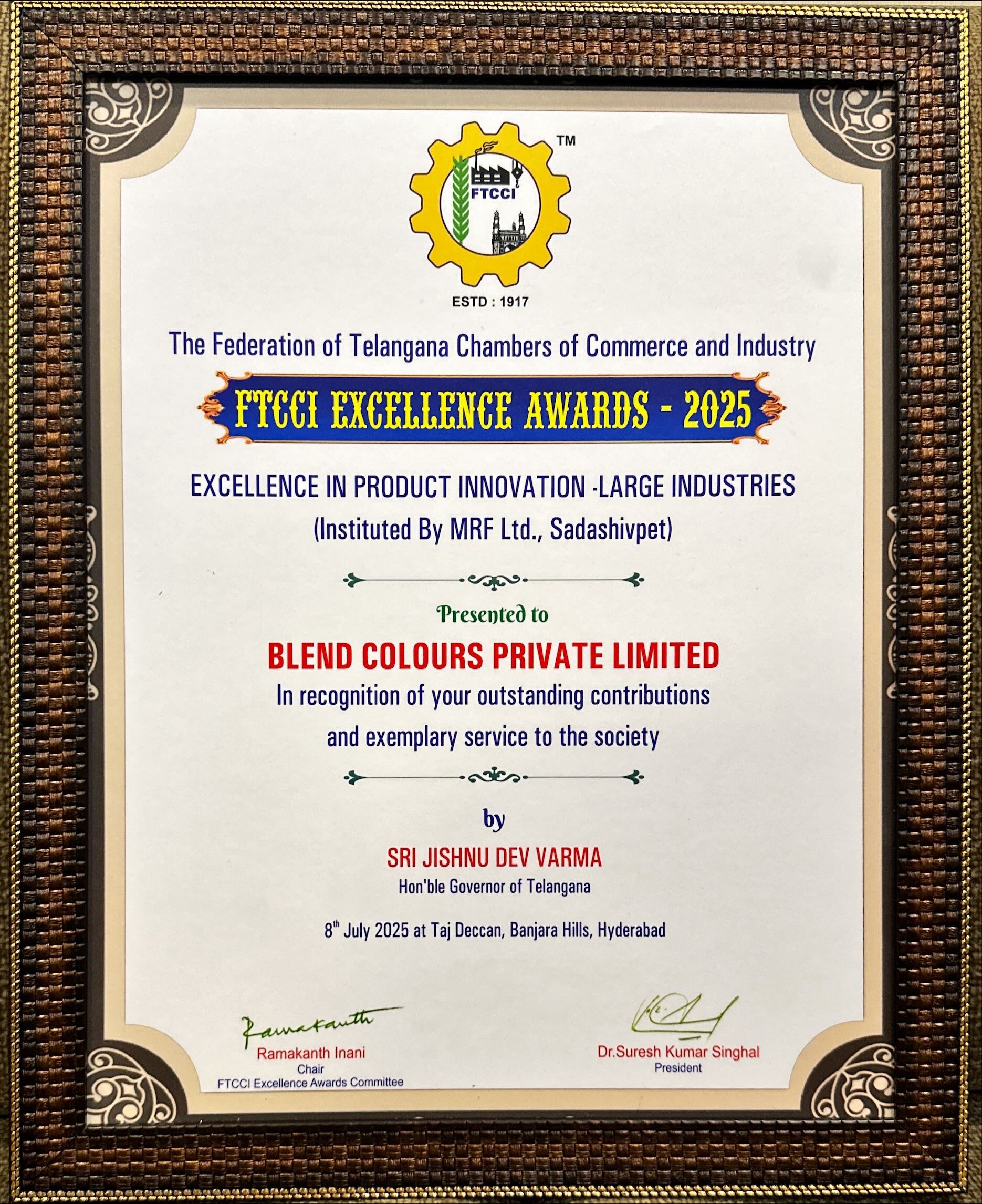 FTCCI Award Certificate